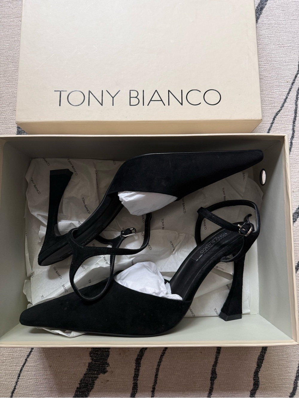 Tony Bianco Black Suede Pointed Ankle-Strap Heels